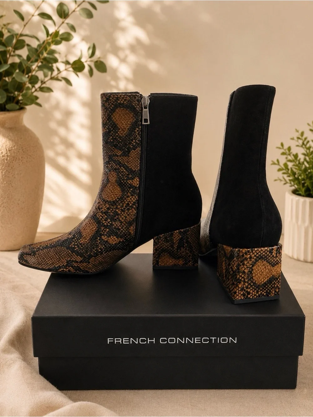 French Connection Black and Brown Snake-Print Block Heel Ankle Boots